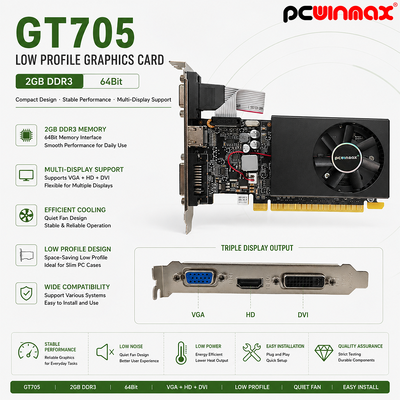 PCWINMAX GT 705 2GB 64Bit GDDR3 Low Profile Single Fan VGA DVI HD Port GPU Graphics Card voor Desktop