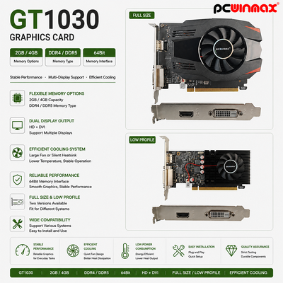 PCWINMAX GT 1030 2 GB GDDR5 ATX grafische kaart 64 bit enkele ventilator HD DVI desktop videokaart