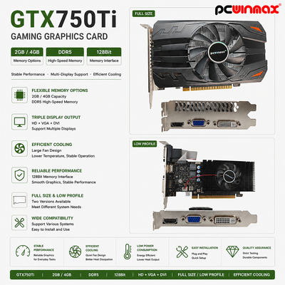 PCWINMAX Geforce GTX 750TI 4GB VGA DVI HD Gaming desktop grafische kaart met enkele ventilator
