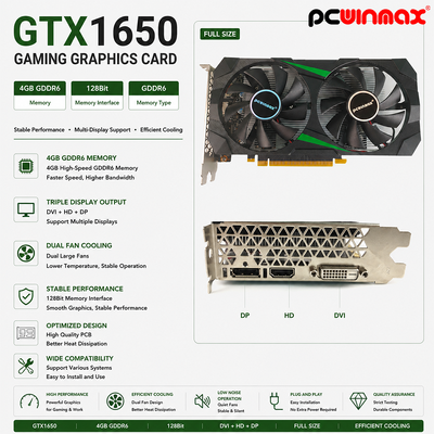 PCWINMAX GeForce GTX 1650 4GB GDRR6 128Bit HD DP DVI Uitgang Ondersteuning DirectX 12 VR Ready OC Graphics Card