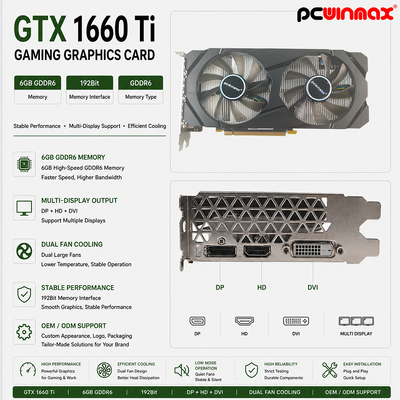 PCWINMAX Geforce GTX 1660 Ti 6GB GPU Graphics Card 192 Bit 1500MHz/1770MHz HD DP DVI 14Gbps Geheugen