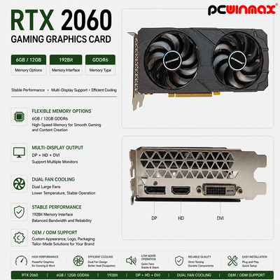 PCWINMAX Geforce RTX 2060 6GB GDDR6 192Bit 1680MHz Dual-Fan Gaming Graphics Card met HD/DP/DVI In voorraad voor Desktop Computer Builds